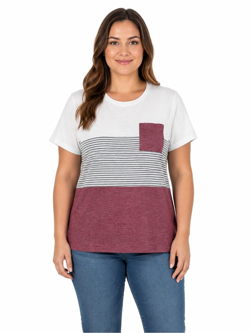 Women's Maroon and White Striped Pocket Short Sleeve Tee
